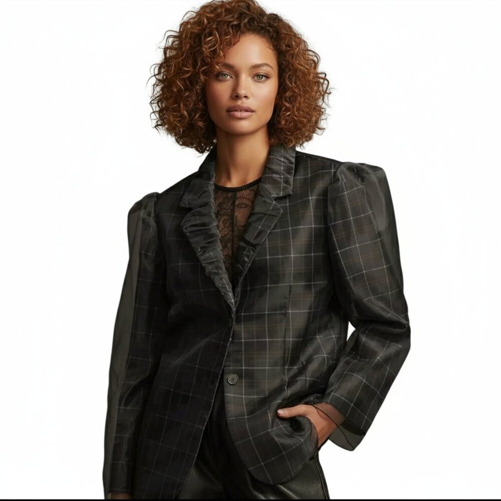 Anthropologie Women’s Tulle Overlay Plaid Blazer XS Navy Blue Tartan Chic Jacket